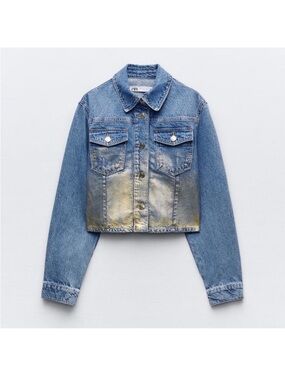 Zara Crop blue Denim Jacket gold gradient